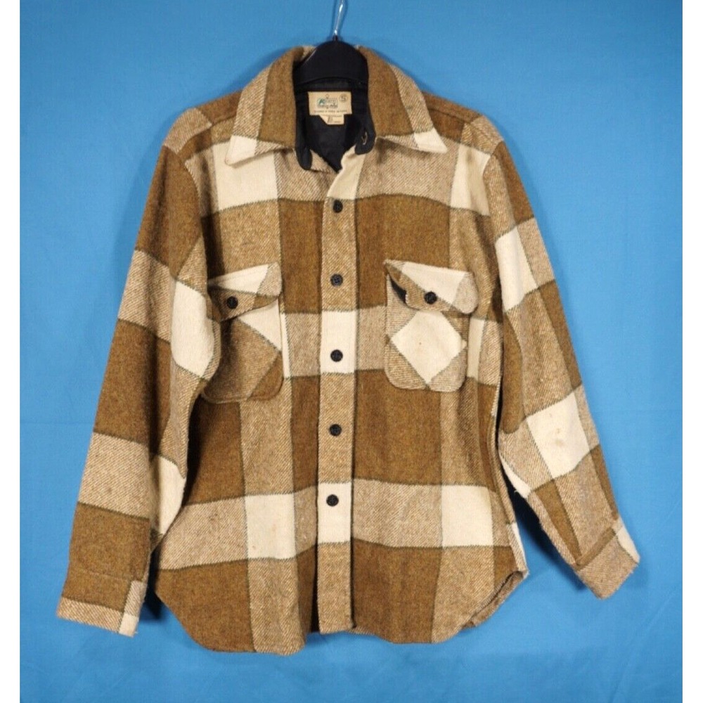 VTG K-MART Brown Plaid WOOL WORK BLEND SHIRT JACKET Barn Chore BUTTON-UP sz S